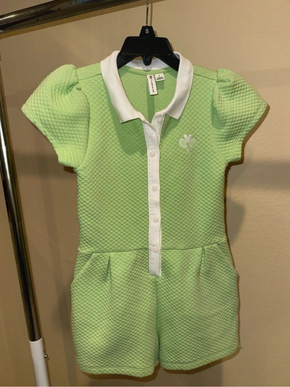 Janie and Jack Disney Light Green Quilted Polo Romper with White Trim